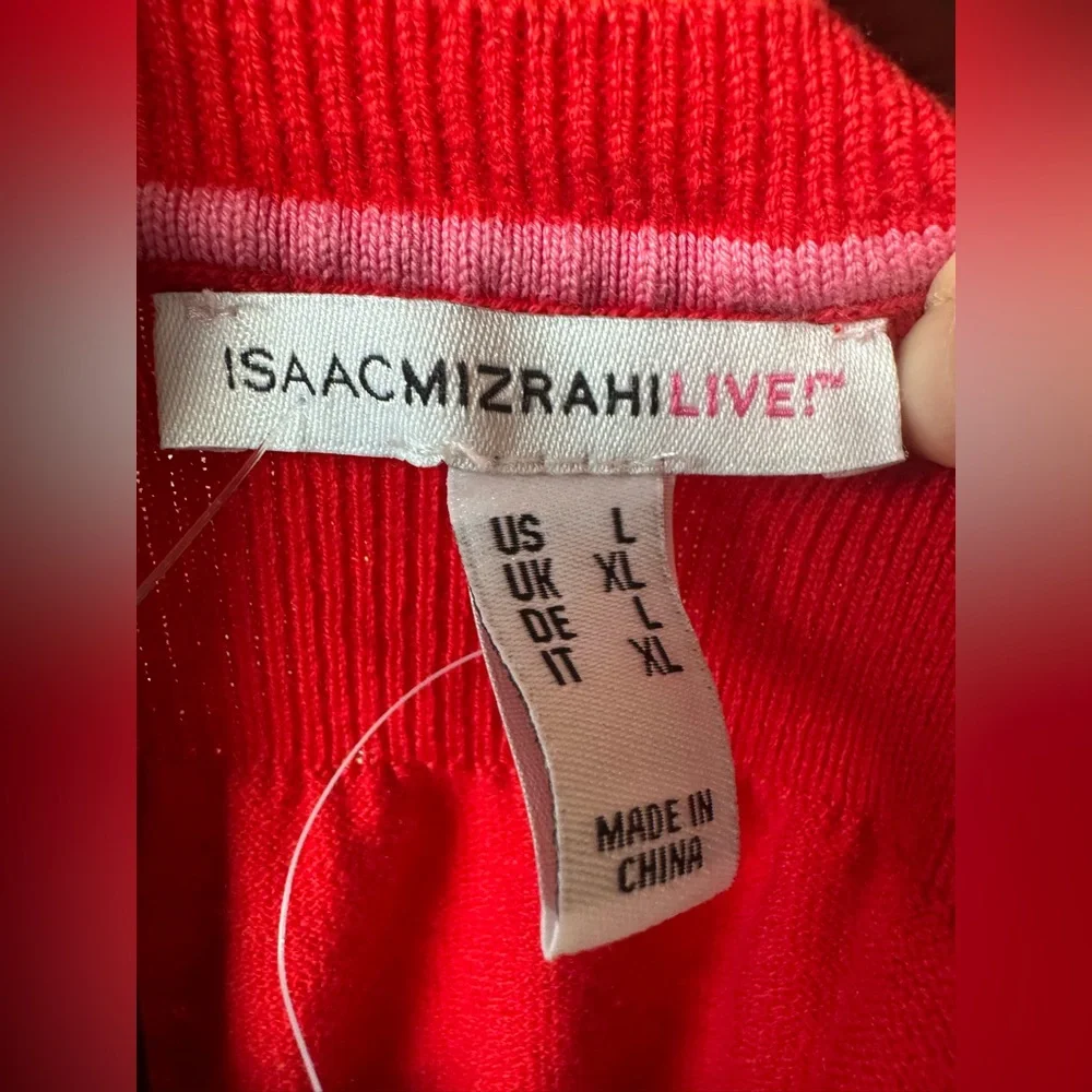 Isaac Mizrahi Live Red Button Front Cardigan L Pearl Buttons Pockets - Picture 2 of 7